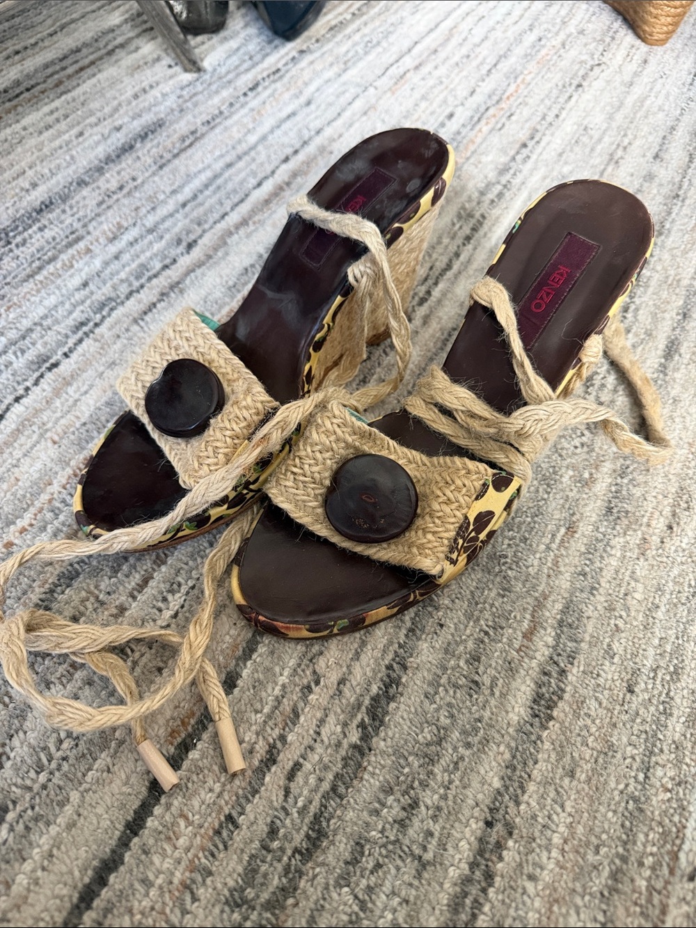 Kenzo Beige Jute Lace-Up Wedge Sandals with Black Button Detail